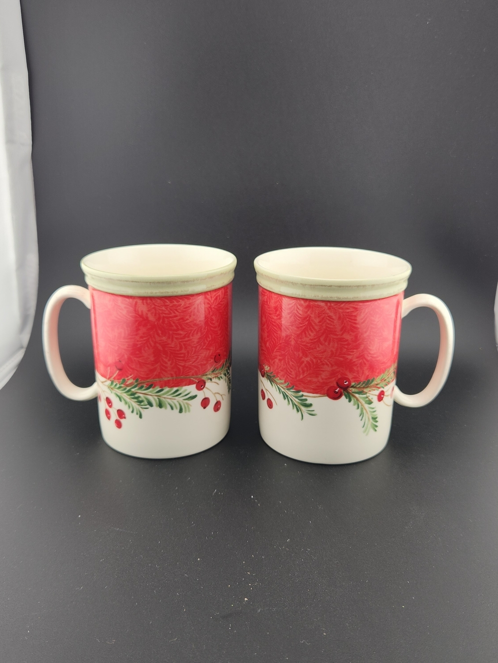 Lenox Red and Cream "Holiday Wreath" Mugs - Pair